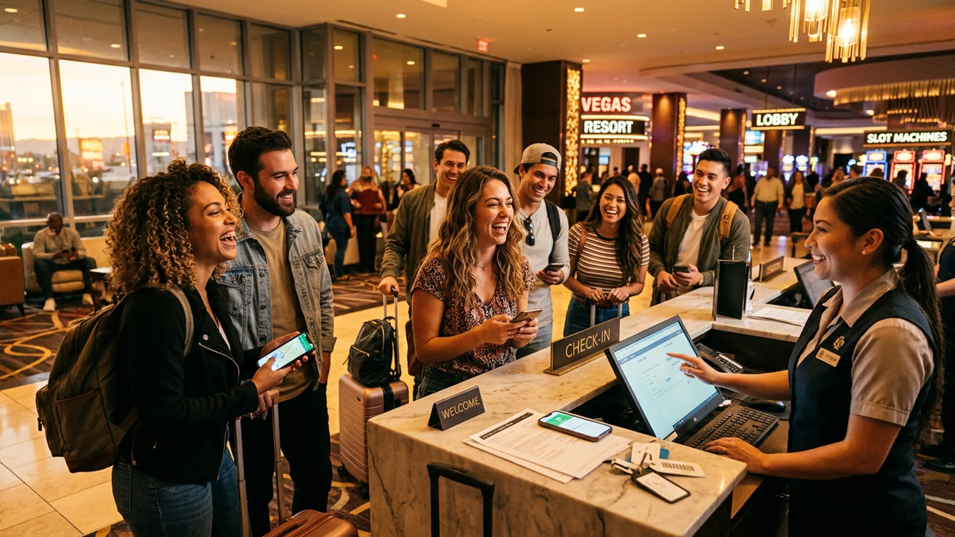 Friends checking into a Las Vegas hotel